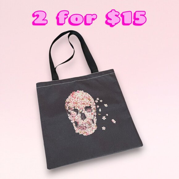 Skull Floral Black & Pink Rose Petals Painted Fabric Canvas Strap Everyday Tote - Picture 1 of 4